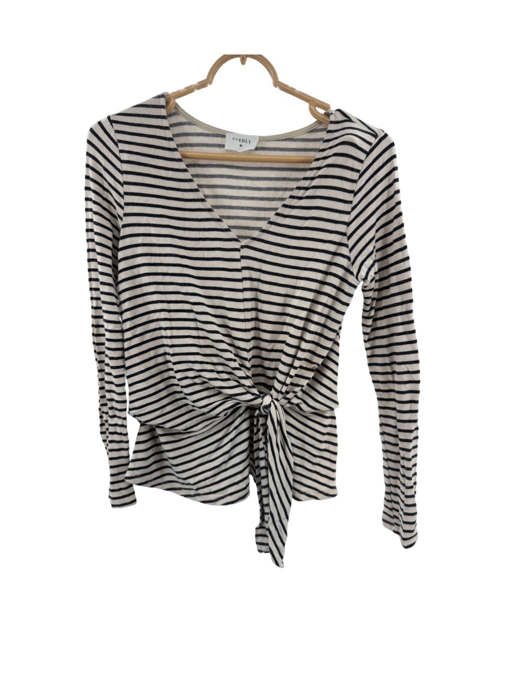 Everly Black cream Striped Peplum Long-Sleeve Top L tie waist V-neck casual